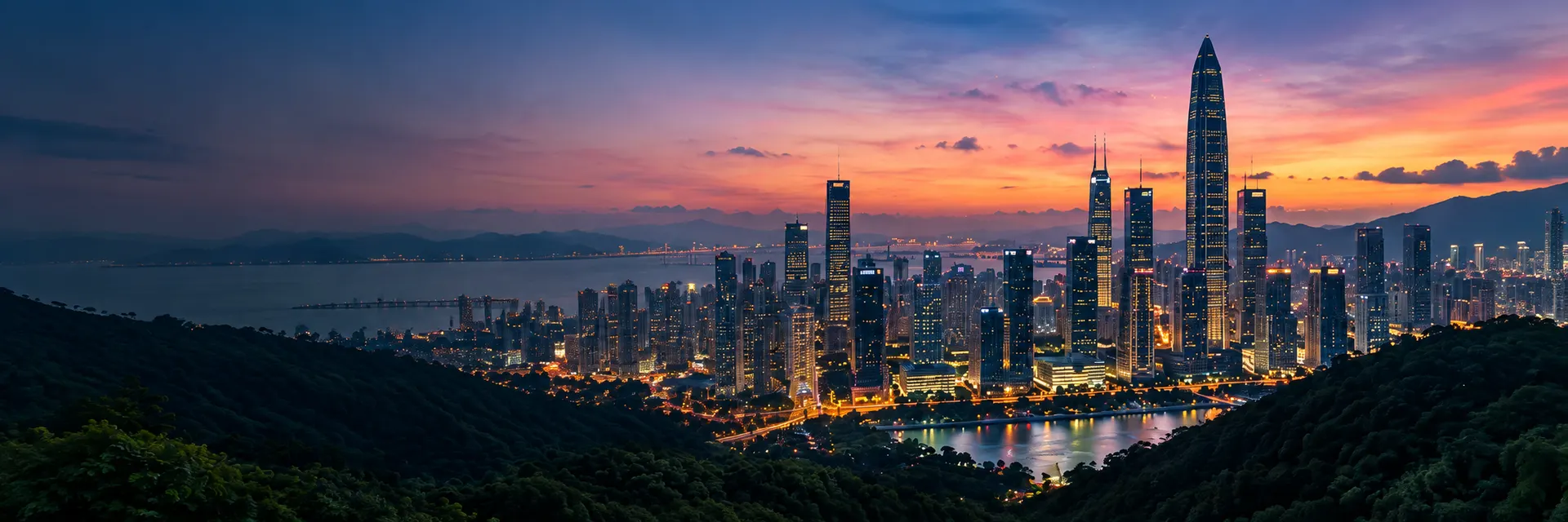 Illustrated Shenzhen skyline at sunset
