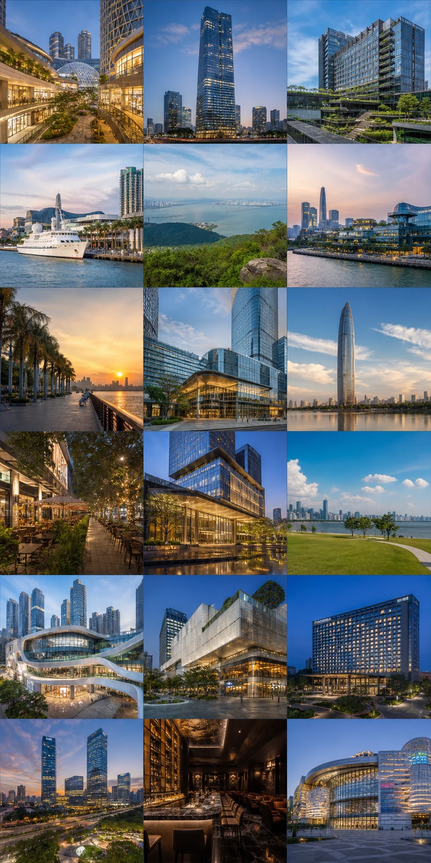 A collage of Shenzhen neighbourhoods, parks and waterfront places