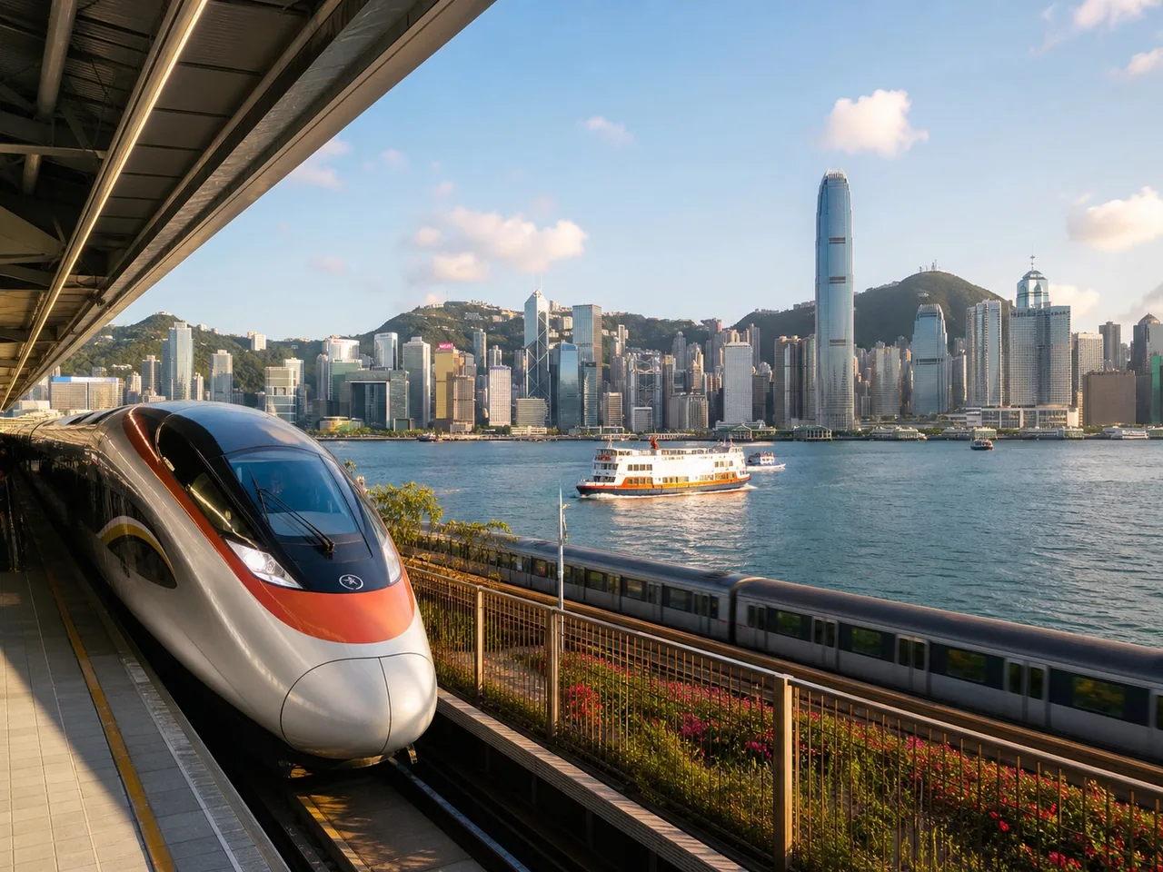 A high-speed train beside Hong Kong's harbour skyline