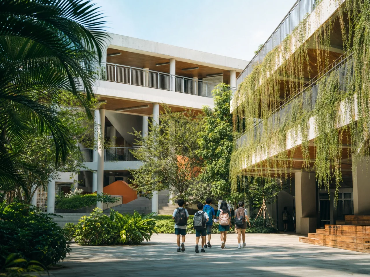 Students walking through a green international school campus