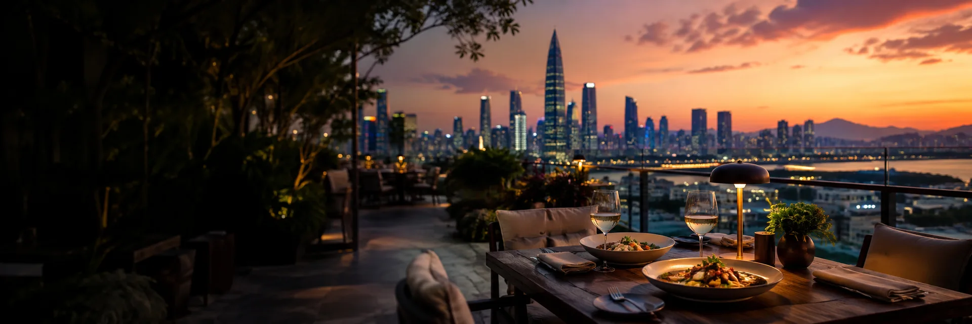 Ilustración de una cena en una azotea con vistas a Shenzhen al atardecer