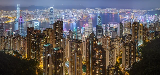 Victoria Harbour and Hong Kong's illuminated skyline seen from Victoria Peak