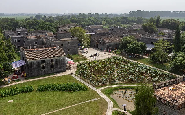 Traditional buildings, paths and ponds at Zili Diaolou Village in Kaiping