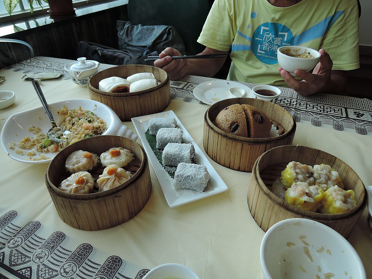 A table of Cantonese dim sum baskets and plates