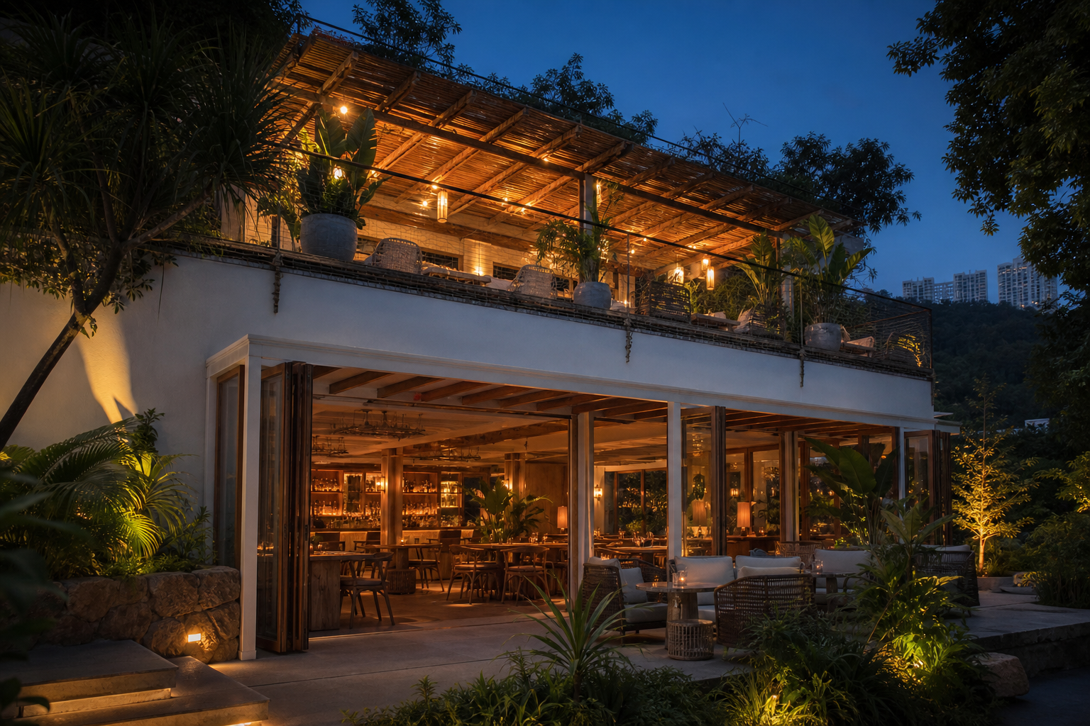 Illustrative two-story tropical terrace restaurant and cocktail bar at blue hour